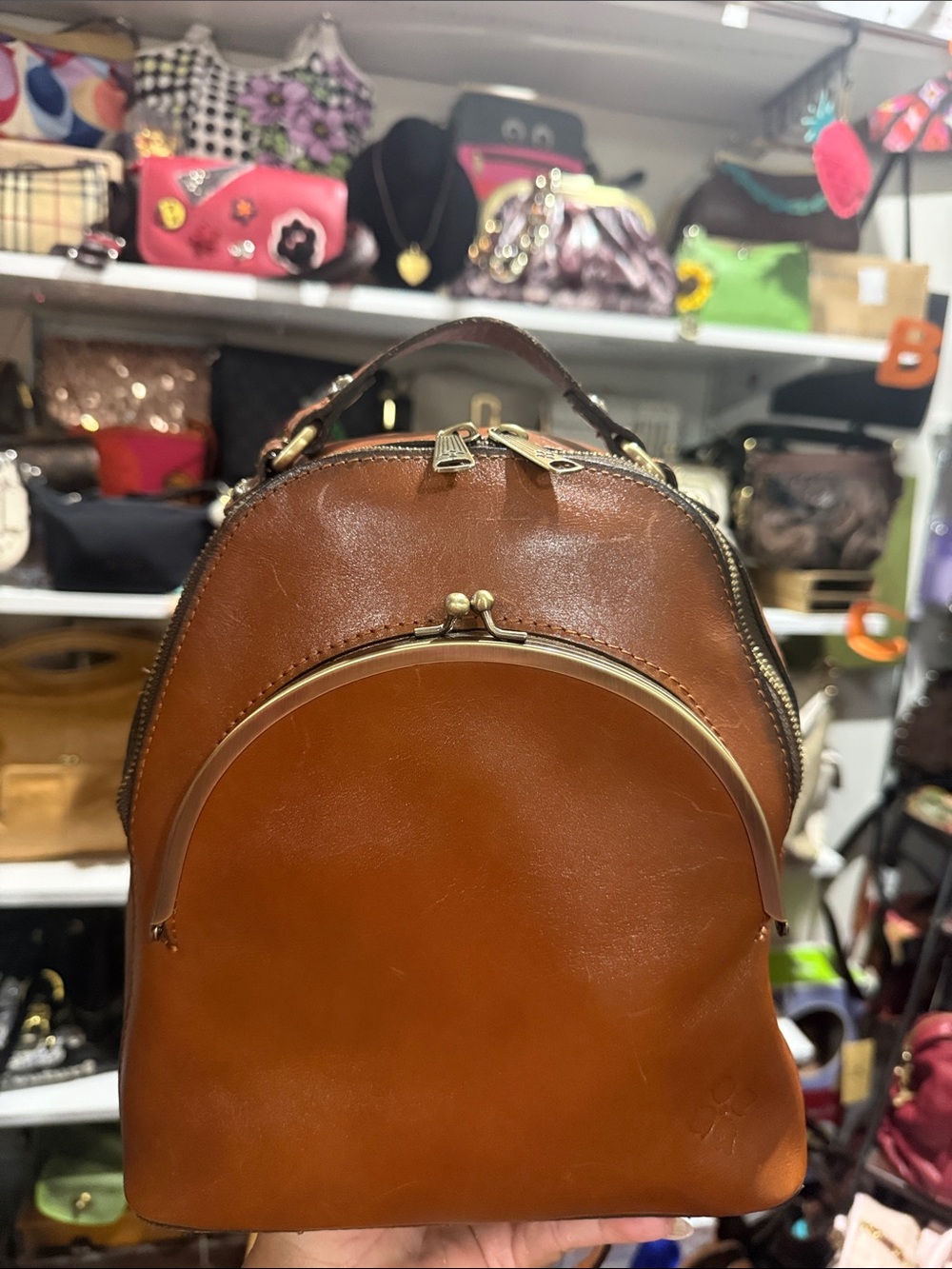 PATRICIA NASH RARE Classic Tan Leather Mini Backpack with Gold Trim.NEW